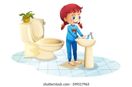 Illustration of a girl wearing a blue sleepwear washing her hands on a white background