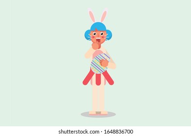 An illustration of a girl wearing a bunny costume and shocked while holding a big egg. A vector of Easter character, this illustration can use as a sticker also.