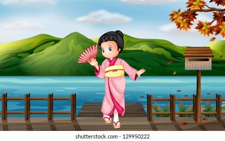Illustration of a girl wearing a chinese dress with a wooden mailbox