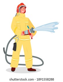 Illustration Of A Girl Wearing Fireman Safety Costume With Helmet And Holding Fire Hose Isolated On White Background. Firefighter Modern Woman In The Male Profession Vector Flat Design Brave Firewoman