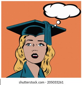 Illustration of a girl wearing graduation hat in a pop art/comic style 