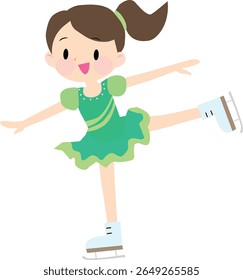 Ilustração de uma menina usando a patinação figurino verde. Patinação no gelo. Bonitinho, divertido. Ilustração vetorial.
