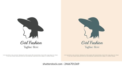 Illustration of a girl wearing a hat logo design. Silhouette of beautiful woman wearing accessories jewelry gift hat fashion lifestyle. Simple flat icon symbol minimal elegant luxury feminine classy.