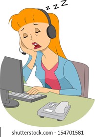 Illustration of a Girl Wearing a Headset Dozing Off in the Middle of Work