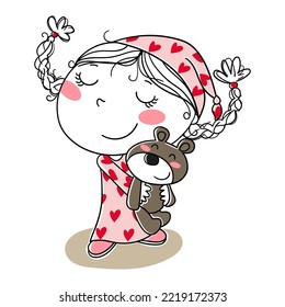 Illustration of a girl wearing hearts nightgown hugging her Teddy Bear