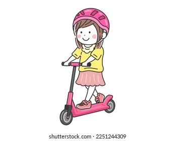 Illustration of a girl wearing a helmet and riding a scooter.