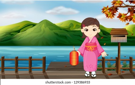 Illustration of a girl wearing a kimono holding a lantern beside a wooden mailbox