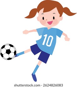 Ilustração de uma menina usando camisas azuis claras chutando uma bola de futebol. Ilustração de vetor.