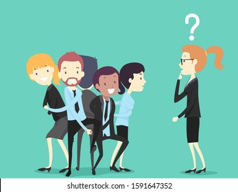 Illustration of a Girl Wearing Office Attire and Playing an Office Game by Thinking How to Untie a Human Knot