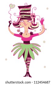 illustration of a girl wearing party dress/costume and had