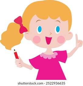Illustration of a girl wearing pink clothes holding a red pencil. Vector illustration