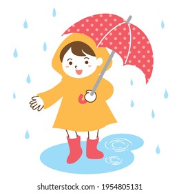 
Illustration of a girl wearing a raincoat and holding an umbrella in the rain