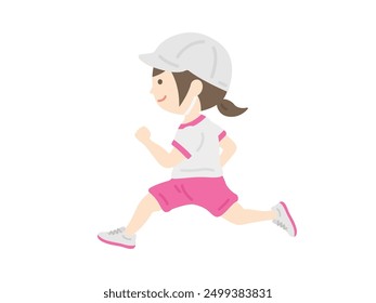 Ilustración de una niña con un sombrero rojo y blanco corriendo en un día deportivo.