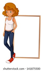 Illustration of a girl wearing a sando and a tight jeans in front of an empty board on a white background