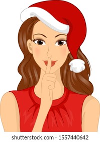 Illustration of a Girl Wearing Santa Claus Hat and Gesturing Quiet or Secret