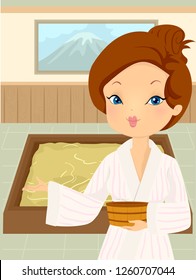 Illustration of a Girl Wearing Yukata Welcoming the Viewer to an Indoor Onsen Bath