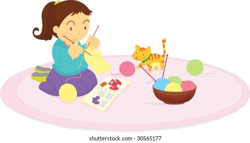 Illustration of a girl weaving sweater