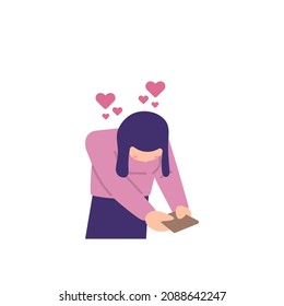 illustration of a girl who bows her head and is shy to give chocolate to her loved ones. celebrate valentine's day. flat cartoon style. vector design