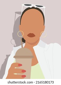 Illustration eines Mädchens, das Kaffee auf grauem Hintergrund trinkt