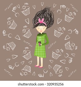 Illustration of a girl who drinks coffee. Illustration of a cupcake and cherry .