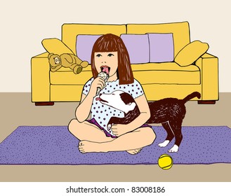 Illustration of a girl who is eating an ice-cream together with a dog. Drawn by means of a graphic plane-table.