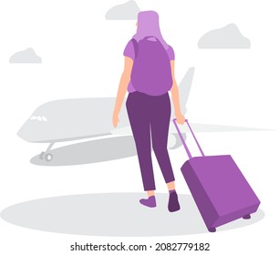Illustration of a girl who goes on her flight with a suitcase of things