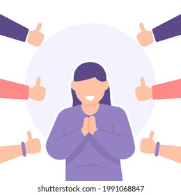 illustration of a girl who is happy because he gets thumbs up from people or friends. concept of appreciation, praise, like, appreciation. flat cartoon style. vector design