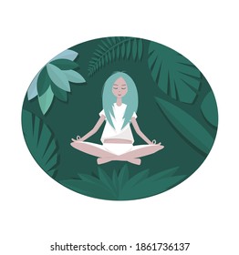 Illustration eines Mädchens, das zwischen Blättern meditiert. Grüner, runder Hintergrund. Frau in weißer Kleidung, die Yoga macht.