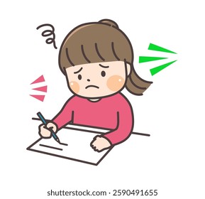 Illustration of a girl who is sensitive to sound and cannot concentrate on her studies.