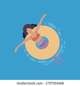 illustration of a girl who swims. View from above. Colorful flat vector drawing.