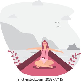 Illustration of a girl who travels by boat in tropical countries overlooking the mountains