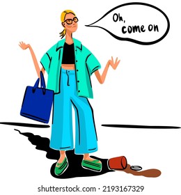 Illustration of a girl who is very upset that her coffee spilled. Bright funny picture.
