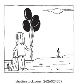 Illustration of a girl who wants to play while holding a balloon and holding her favorite object in her left hand. with a white background