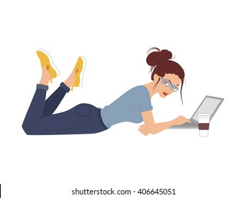 Illustration of a girl who works lying down with laptop and drinking coffee. Vector personage isolated on white.