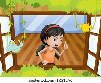 Illustration of a girl at the window with birds