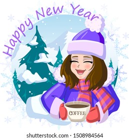 Illustration of a girl in the winter in the mountains, New Year, Christmas