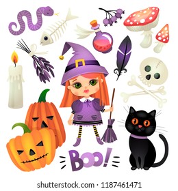 Illustration with a girl. Witch with accessories. Halloween 