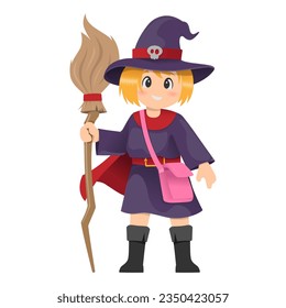 Illustration of a girl in a witch costume for Halloween celebration in cartoon style