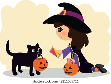 Illustration of a girl with a witch, sorceress, magician, halloween costume, with a black cat, pumpkins and sweet chocolate