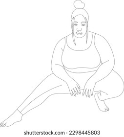 illustration girl woman Pose Model Afro Plus size Thick athletic figure Sport Yoga Sports Uniform Barefoot black white line sketch drawing art pose