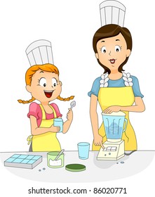 Illustration of a Girl and a Woman Using a Blender to Prepare Food