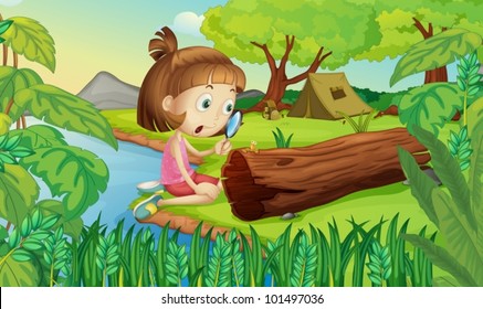 Illustration of girl in the woods with magnifying glass