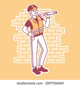Illustration of a girl working as a civil engineer. She stands in a special uniform against the background of a brick wall and holds a building level in her hand.