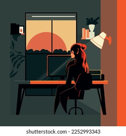An illustration of a girl working at a computer.