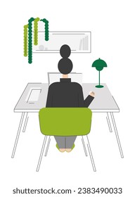 Ilustración de la niña que trabaja en una computadora en un lugar de trabajo