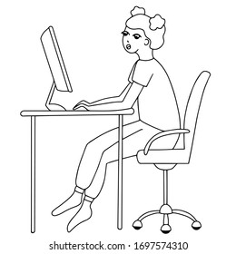 illustration: girl working remotely from home. Young woman works at a computer. work and study at home