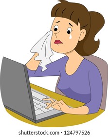 Illustration of a girl writer crying in front of her computer