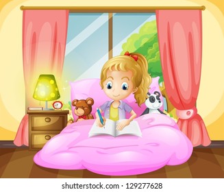 Illustration of a girl writing inside her room