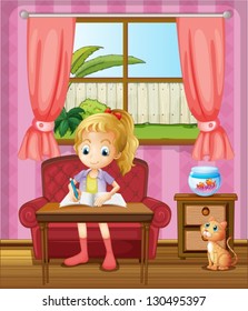 Illustration of a girl writing inside the house with a cat