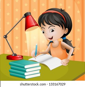 Illustration of a girl writing with a lampshade